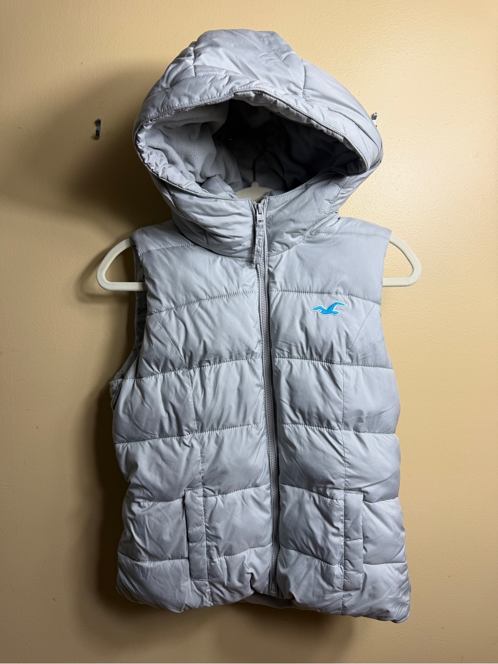 Vintage Hollister Y2K Hooded Puffer Vest Fleece Lined Gray Size Medium